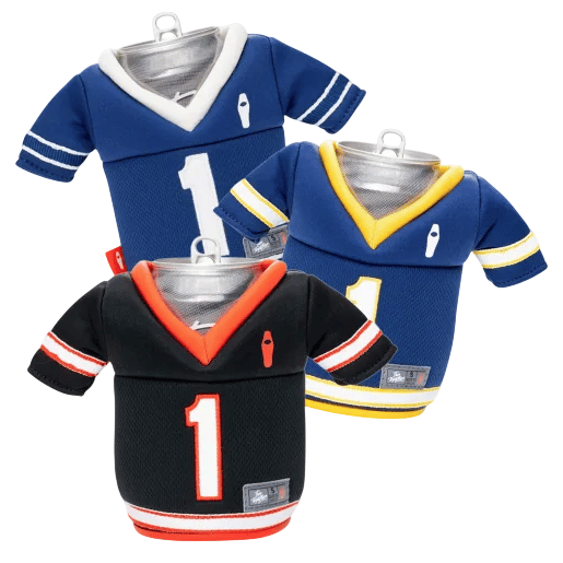 Three sports-themed beverage coolers shaped like jerseys in blue, yellow, and black colors with number 1 printed on them.
