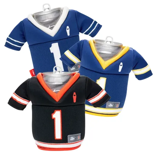 Three sports-themed beverage coolers shaped like jerseys in blue, yellow, and black colors with number 1 printed on them.