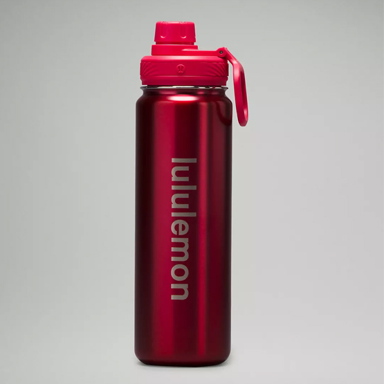 A red water bottle with a brand logo and flip-top lid.