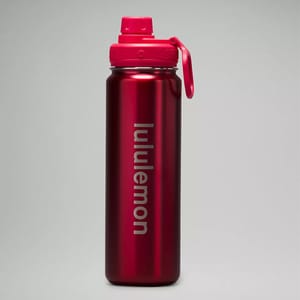 A red water bottle with a brand logo and flip-top lid.