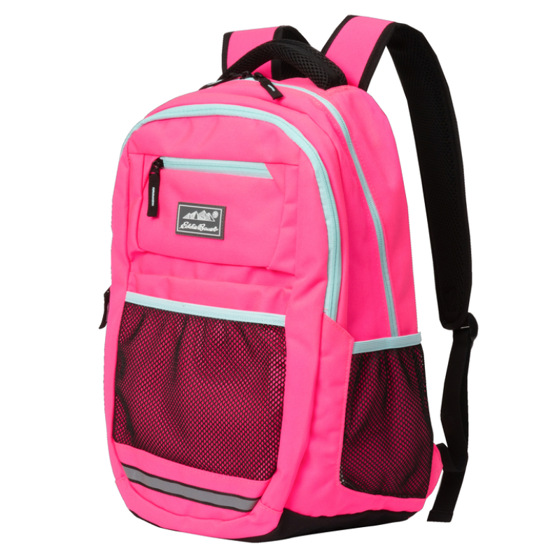 Bright pink Eddie Bauer Kids Backpack with light blue accents, black mesh side pockets, and a front compartment. Features adjustable black straps and a logo patch on the front pocket.