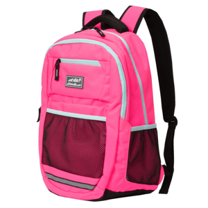 Bright pink Eddie Bauer Kids Backpack with light blue accents, black mesh side pockets, and a front compartment. Features adjustable black straps and a logo patch on the front pocket.