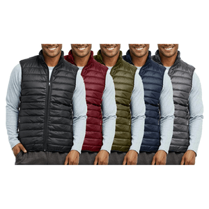 Five men's puffer vests in different colors: black, red, olive green, navy blue, and charcoal gray, worn over light gray long-sleeve shirts.