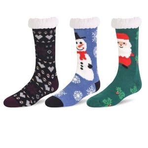 Three festive socks with soft cuffs are shown: one with hearts and winter patterns, one with a snowman on a blue background, and another with a Santa design on a green background.
