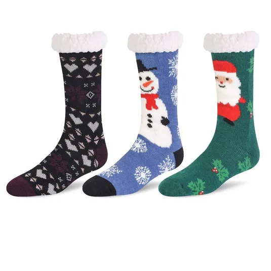 Three festive socks with soft cuffs are shown: one with hearts and winter patterns, one with a snowman on a blue background, and another with a Santa design on a green background.
