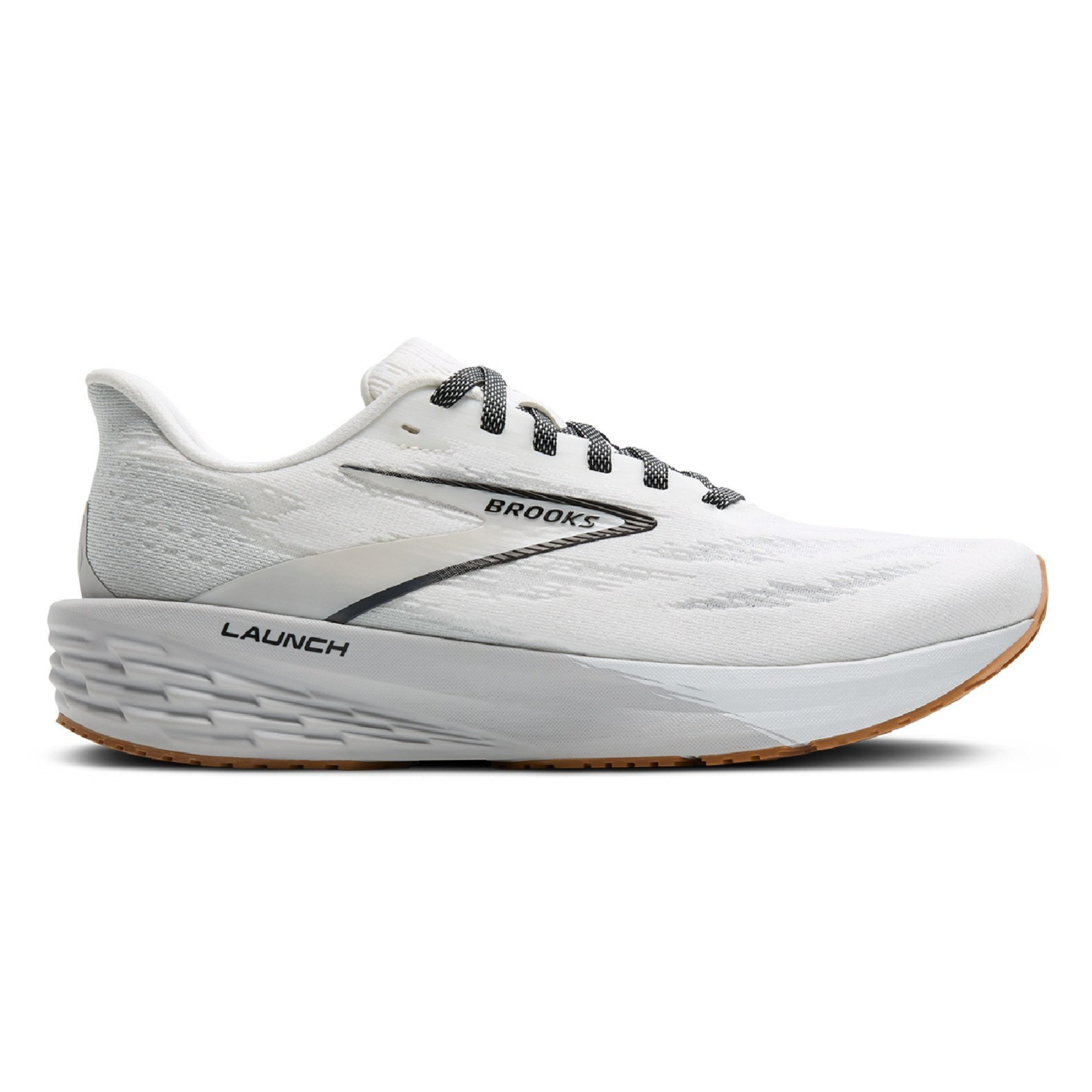 White Brooks Launch running shoe with a lightweight mesh upper, cushioned midsole, and gum rubber outsole.