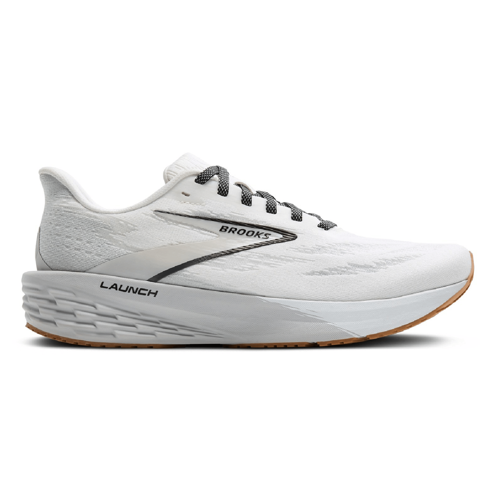 White Brooks Launch running shoe with a lightweight mesh upper, cushioned midsole, and gum rubber outsole.