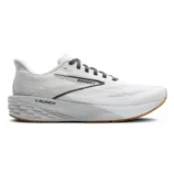 White Brooks Launch running shoe with a lightweight mesh upper, cushioned midsole, and gum rubber outsole.