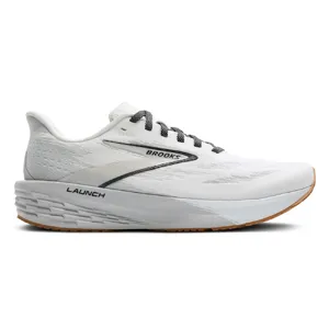 White Brooks Launch running shoe with a lightweight mesh upper, cushioned midsole, and gum rubber outsole.