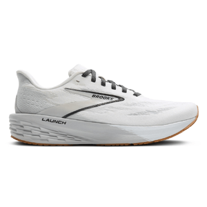 White Brooks Launch running shoe with a lightweight mesh upper, cushioned midsole, and gum rubber outsole.
