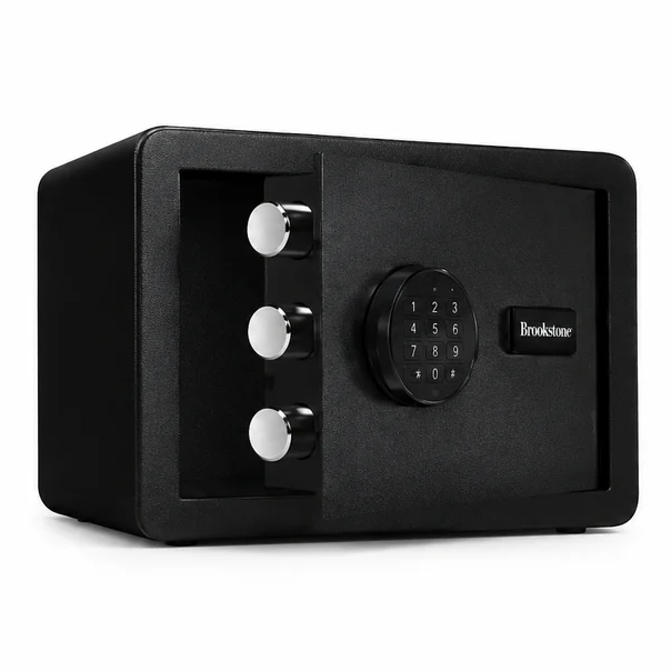 A black electronic safe with a keypad and three locking bolts, branded Brookstone.