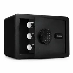 A black electronic safe with a keypad and three locking bolts, branded Brookstone.