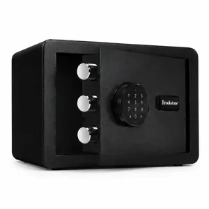A black electronic safe with a keypad and three locking bolts, branded Brookstone.