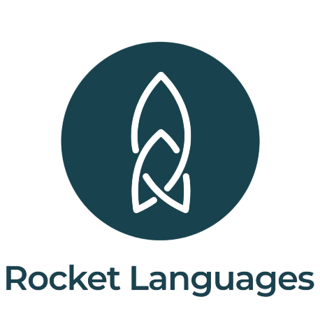 Logo for Rocket Languages, featuring a stylized rocket icon within a circle, with the text \“Rocket Languages\“ below.