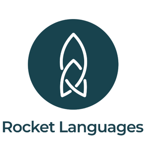 Logo for Rocket Languages, featuring a stylized rocket icon within a circle, with the text \“Rocket Languages\“ below.