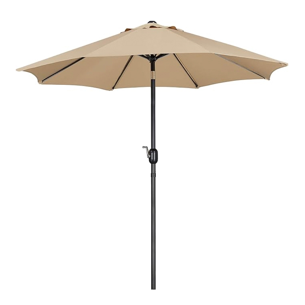 A beige 9-foot patio umbrella with a black metal pole and a manual crank handle for opening and closing.