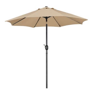 A beige 9-foot patio umbrella with a black metal pole and a manual crank handle for opening and closing.