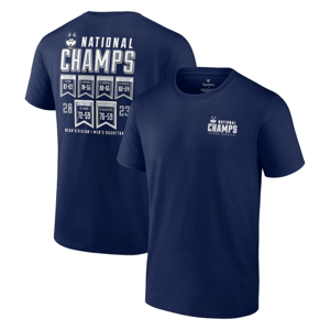 Navy blue t-shirt celebrating NCAA Division I Men's Basketball National Championships with list of winning years and scores on the back.