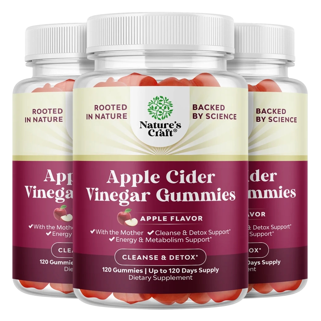 Nature's Craft Apple Cider Vinegar Gummies with 360 count, apple flavor, offering cleanse and detox support, energy and metabolism support, and include \“the Mother.\“ Each bottle contains 120 gummies for up to 120 days of supply.