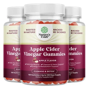 Nature's Craft Apple Cider Vinegar Gummies with 360 count, apple flavor, offering cleanse and detox support, energy and metabolism support, and include \“the Mother.\“ Each bottle contains 120 gummies for up to 120 days of supply.