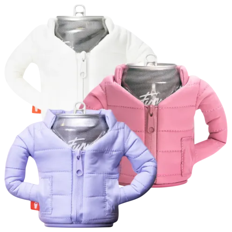 Three beverage cans are dressed in miniature puffer jackets in white, pink, and purple.