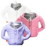 Three beverage cans are dressed in miniature puffer jackets in white, pink, and purple.