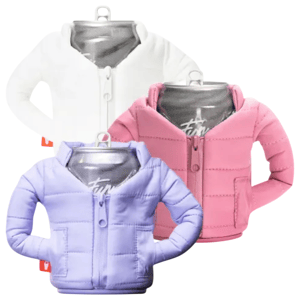 Three beverage cans are dressed in miniature puffer jackets in white, pink, and purple.