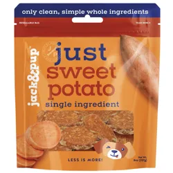 Jack & Pup Just Sweet Potato single ingredient dog treats in an 8oz resealable bag, featuring clean, simple whole ingredients.