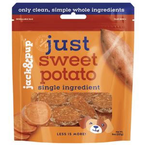 Jack & Pup Just Sweet Potato single ingredient dog treats in an 8oz resealable bag, featuring clean, simple whole ingredients.