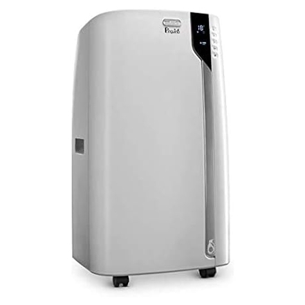 A portable air conditioner with a digital display and control panel on the upper front, mounted on wheels for mobility.