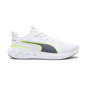 White Puma Carson sneakers with a breathable mesh upper, featuring a neon green accent and a grey stripe. The shoes have a cushioned sole with circular design details for comfort and style.