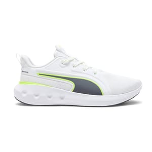 White Puma Carson sneakers with a breathable mesh upper, featuring a neon green accent and a grey stripe. The shoes have a cushioned sole with circular design details for comfort and style.