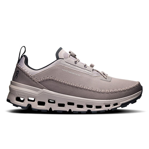 A taupe sneaker featuring a breathable mesh upper, cloud-like cushioning, and a distinctive sole with cut-out details for enhanced comfort and style.