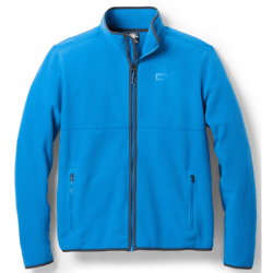 A bright blue fleece jacket with a full zipper and two zippered pockets, featuring an embroidered logo on the chest.