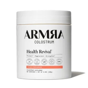 ARMRA Colostrum Health Revival supplement, Peach Persimmon flavor, 90 servings, 6.3 oz (180g), promotes protection, regeneration, and strength.