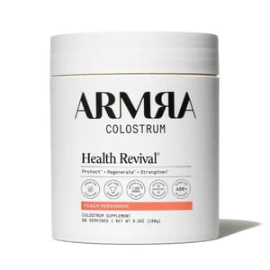 ARMRA Colostrum Health Revival supplement, Peach Persimmon flavor, 90 servings, 6.3 oz (180g), promotes protection, regeneration, and strength.