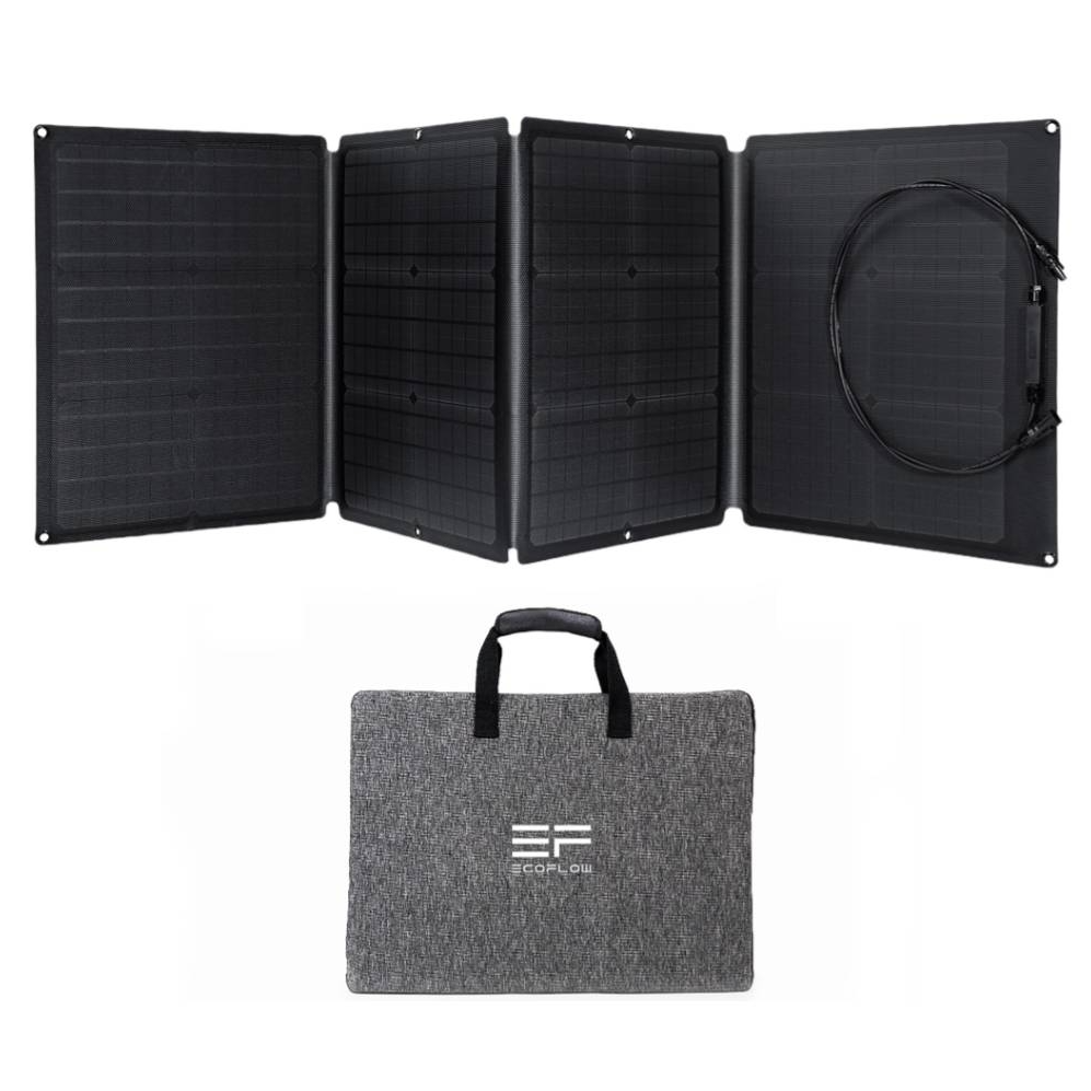 Portable solar panel with a folding design and cable storage, paired with a gray carrying case labeled \“EF ECOFLOW.\“