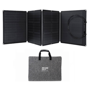 Portable solar panel with a folding design and cable storage, paired with a gray carrying case labeled \“EF ECOFLOW.\“