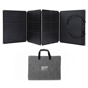 Portable solar panel with a folding design and cable storage, paired with a gray carrying case labeled \“EF ECOFLOW.\“