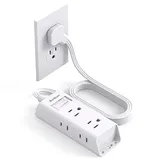 A flat plug power strip with multiple outlets and a long, flexible cable connected to a wall socket.