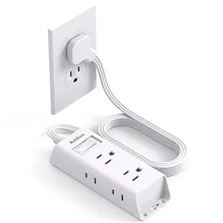 A flat plug power strip with multiple outlets and a long, flexible cable connected to a wall socket.