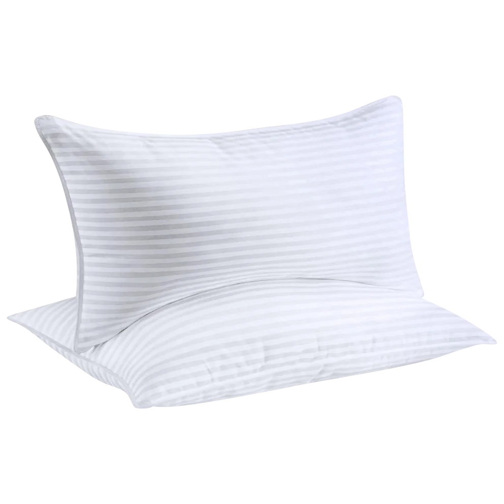 Two white pillows with subtle gray stripes designed with cooling gel technology to enhance comfort.