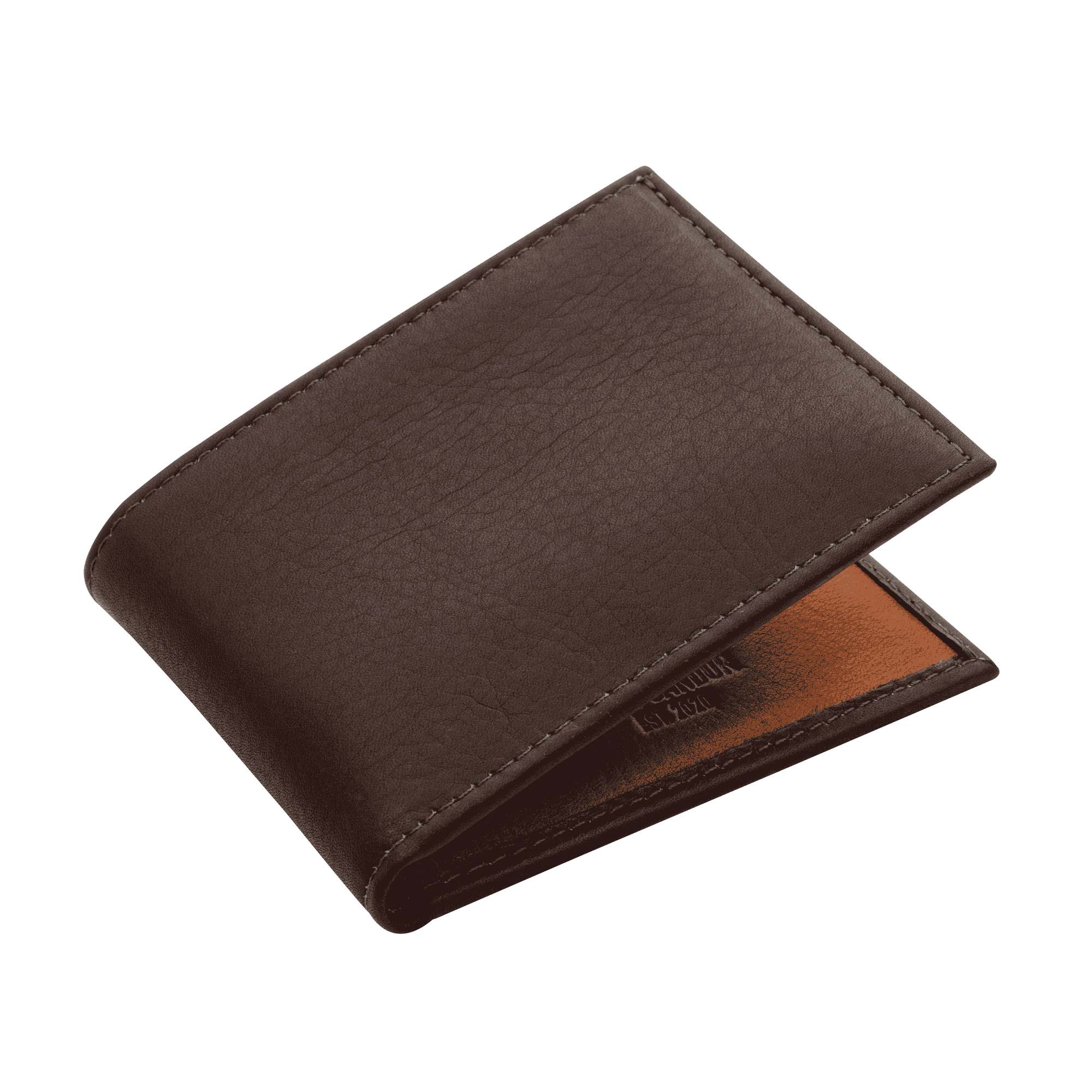 A dark brown leather bifold wallet with visible stitching and a light brown interior.