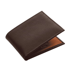 A dark brown leather bifold wallet with visible stitching and a light brown interior.