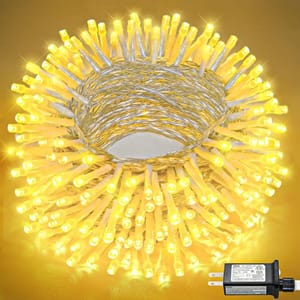 A bundle of warm white LED string lights with a plug-in power adapter, ideal for decorative use.