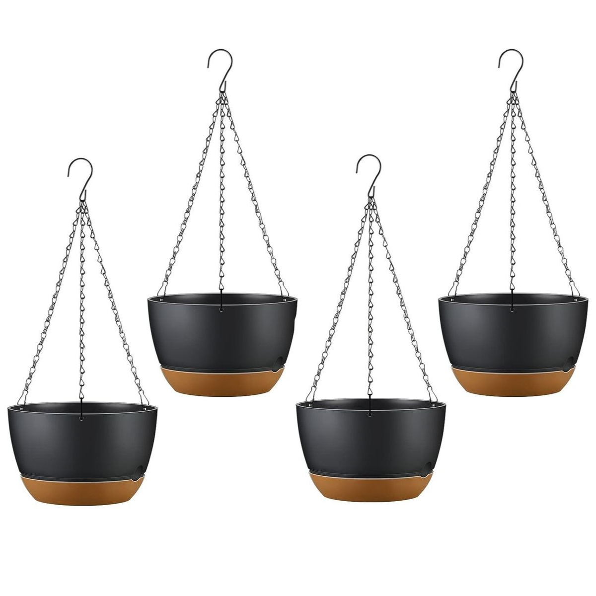 Set of four hanging planters with black pots and brown bases, suspended by metal chains with hooks.