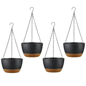 Set of four hanging planters with black pots and brown bases, suspended by metal chains with hooks.