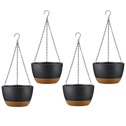 Set of four hanging planters with black pots and brown bases, suspended by metal chains with hooks.