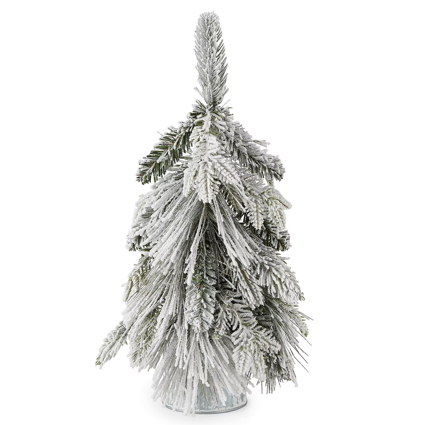 A 16-inch downswept pine tree decorated with artificial snow, creating a frosted, wintry appearance. It's compact and suitable for seasonal decoration.