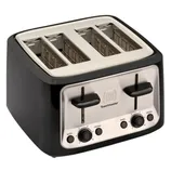 A four-slice toaster with a stainless steel and black design featuring settings for bagels and frozen items, and adjustable browning levels.